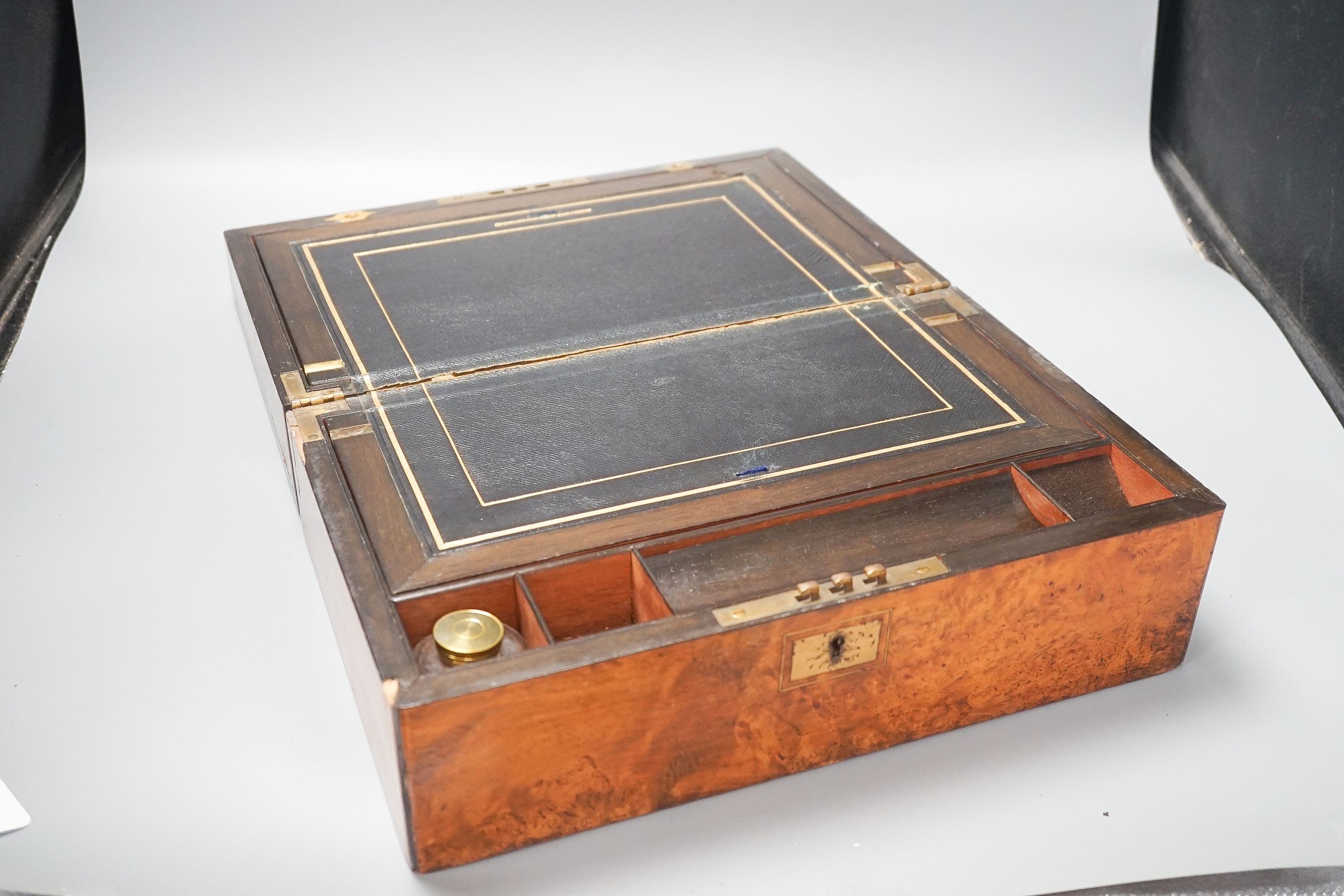 A Victorian burr walnut and leather writing slope, inlaid plaque for ‘C.Roberts’, 36 cm